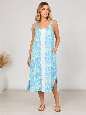 Lilibridge Blue Tropics Midi Dress Large Coastal Resort Beach Vacation Summer